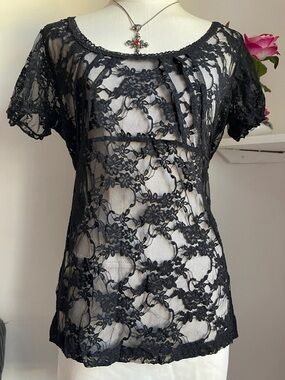 Sheer Black Floral Lace Short Sleeve Blouse